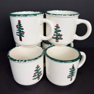 Set of 6 Vintage Furio by La Primula Italy Spongeware Christmas Tree Mugs